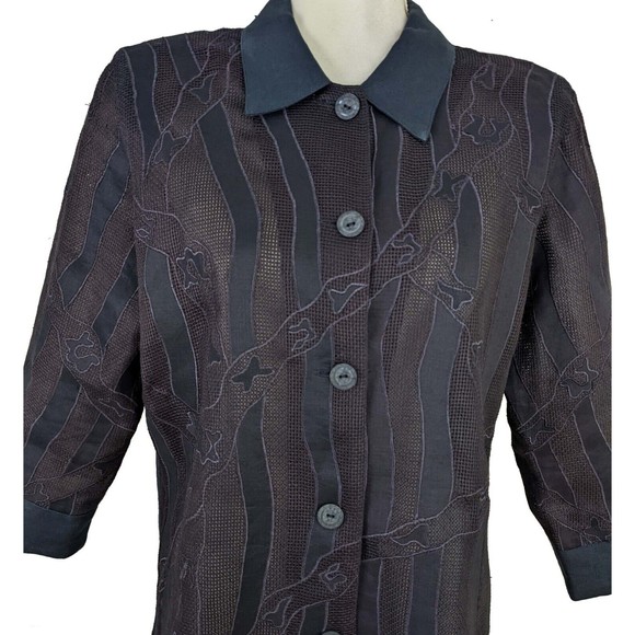 Ann Gerlin Womens 12 Blue Linen Mesh Applique Button Front Top - Picture 2 of 7